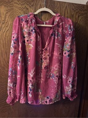 Cato Pink Floral Ruffle Tie-Neck Blouse
